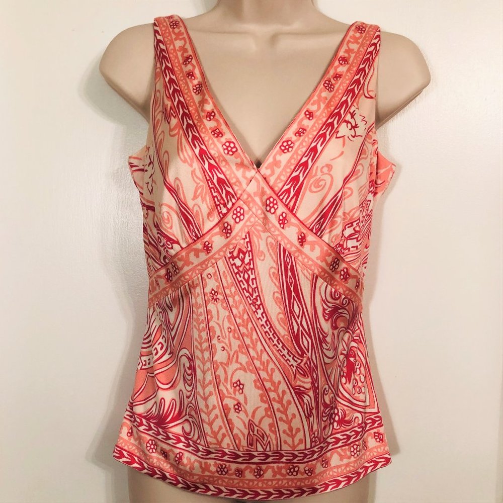 Elie Tahari Silk Pink Print Sleeveless Stretch Knit Top Tank Size S Lightweight